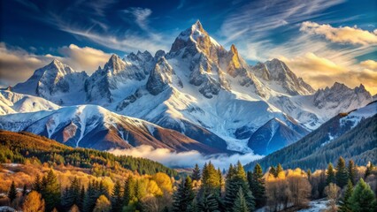 Majestic snow-capped Mt. Ushba stands tall amidst serene winter landscape with vast Greater Caucasus ridge in sunny daylight backdrop.