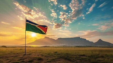 A picturesque scene showing a flag in the vast open field with a beautiful sunrise setting, the sky painted in warm hues, and distant mountains forming a serene, natural backdrop.