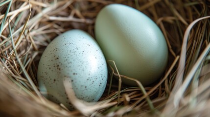 Easter themed close up of two new chicken eggs in nest