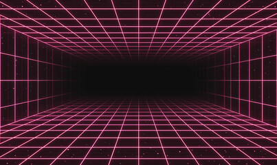 Laser Neon Grids in Deep Space. Retro Futuristic Design in 80s Style. Synthwave, Retrowave, Theme