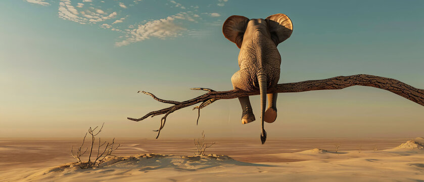 elephant sitting on tree branch in desert