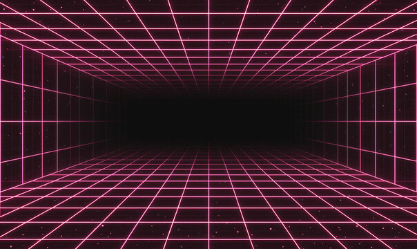 Laser Neon Grids in Deep Space. Retro Futuristic Design in 80s Style. Synthwave, Retrowave, Theme