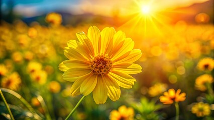 Obraz premium Vibrant yellow flower blooms in warm sunlight against blurred natural flora landscape, providing ample copy space for ecology cover designs.