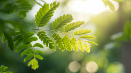 Close-up of vibrant green leaves illuminated by warm sunlight in a serene natural setting.