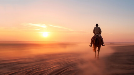 A silhouette of a cowboy riding a horse through a dusty plain as the sun sets.
