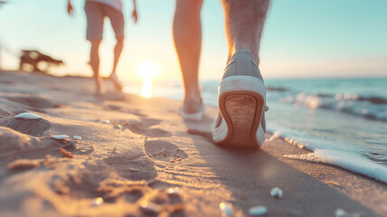 Close-up of feet walking on the sandy beach during a beautiful sunset.