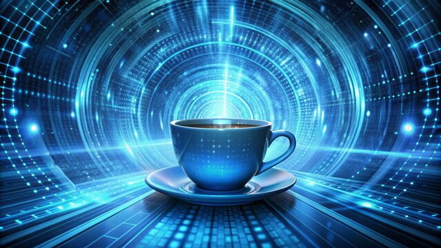 Isolated blue coffee cup surrounded by swirling vortex of digital data streams, binary code, and futuristic tech patterns in background.