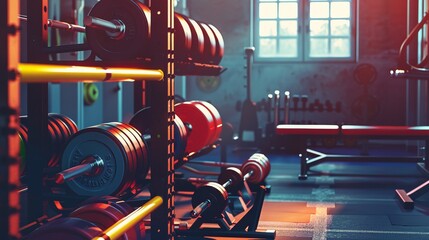 This vibrant gym scene showcases multiple dumbbell sets neatly arranged on racks, emphasizing the colorful and energetic atmosphere perfect for engaging in fitness routines.