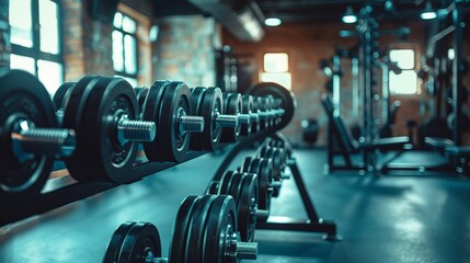 Fototapeta premium A modern gym interior featuring a long row of dumbbells neatly arranged on a rack, alongside various exercise equipment. The ambience shows athletic focus.