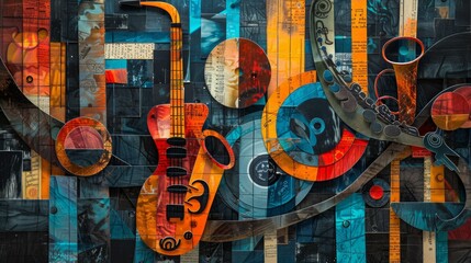 musical papercut collage, a collage of retro music instruments crafted from vintage papers and textured fabrics in papercut style, featuring guitar, saxophone, and vinyl records