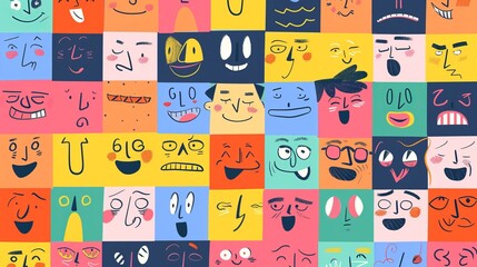 The image shows a playful collection of whimsical cartoon faces arranged on a colorful grid background, each face displaying unique and exaggerated expressions, creating a lively and humorous visual.