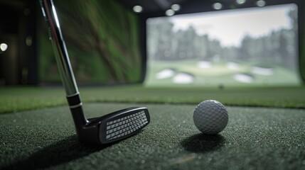 The image shows a close-up view of a virtual golf screen featuring a putter and a golf ball on a realistic green surface, highlighting the detailed elements of the simulation setup.