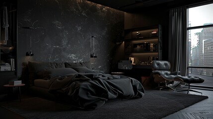 Black modern and retro style bedroom with black and dark materials 