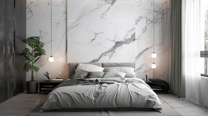 interior of a bedroom with huge marble wall white black gray