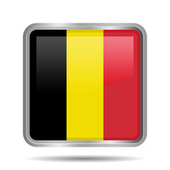 Fototapeta premium Glossy Belgian flag icon with shiny rectangular or square button shape in silver frame isolated on white background. EPS 10 Vector Illustration