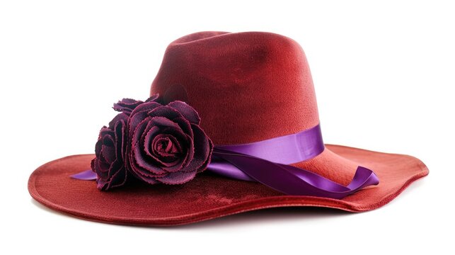 Stylish red hat for women with purple silk ribbon and rosettes on white background