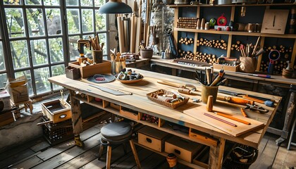 Wooden Workshop with Tools and Supplies