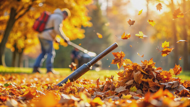 Autumn leaf cleanup with leaf blower Closeup of leaves being blown away, with ample copy space for related content Blurred background enhances focus on the activity