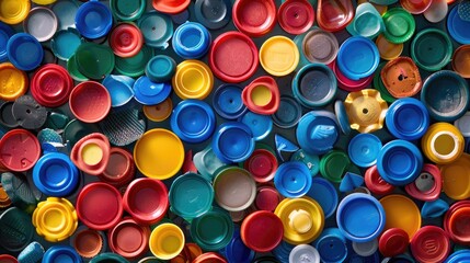 Close up of multi colored plastic bottle caps with copy space top view disposal of waste