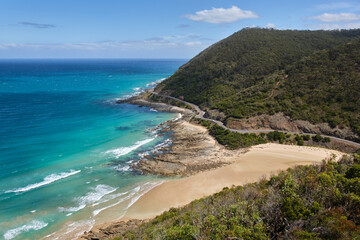 Fototapeta premium Scenic view of the vast ocean and the Great Ocean Road from Teddy's Lookout - Lorne, Victoria, Australia