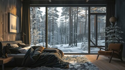 Detailed 3D illustration of a Scandinavian bedroom that uses space and light effectively, with a black window providing a stunning view of a winter forest 
