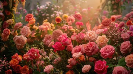 Fototapeta premium Mass of artificial roses with a stunning backdrop