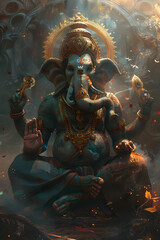 A CG artwork depicting a mythical giant elephant sitting in a lotus position. Inspired by Byzantine architecture, this fictional character exudes a sense of history and spirituality in the darkness