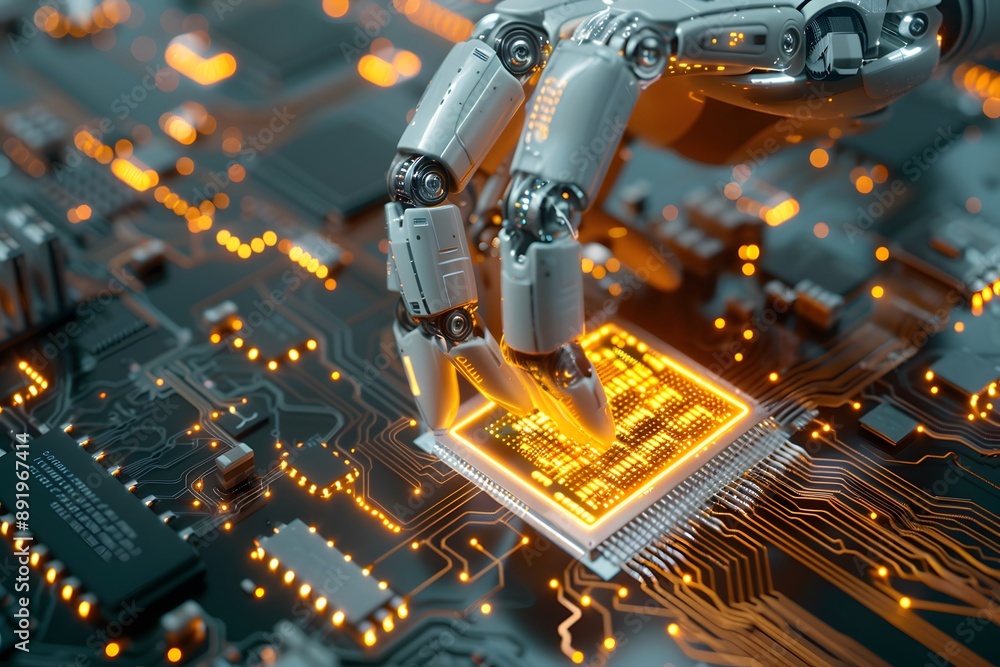 Poster robot hand interacting with circuit board