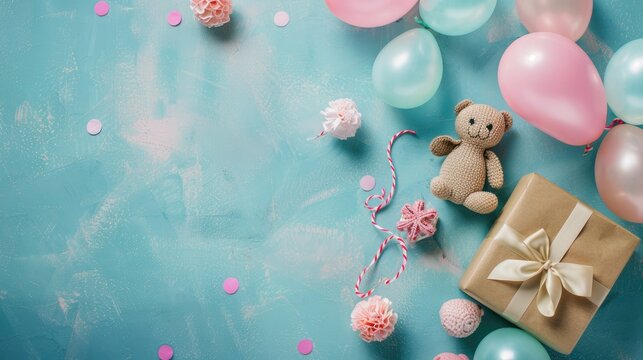 Top view of baby shower gender reveal and birthday party background with gift box and toys flatlay composition with space for text