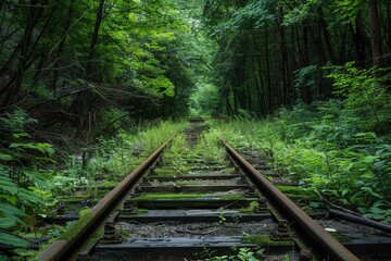 Obraz premium An old, abandoned railway track overgrown with vegetation 