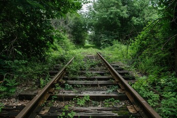 Obraz premium An old, abandoned railway track overgrown with vegetation 