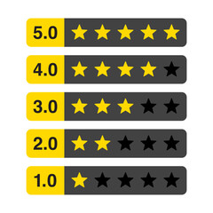 roduct rating or customer review with gold stars set collection. Graphic symbol flat design interface illustration elements for app ui ux web banner button vector isolated on white background