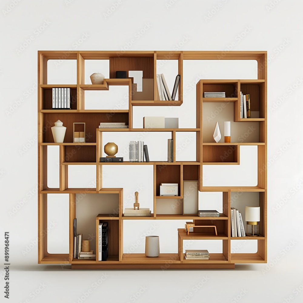 Aufkleber 29. **a modern bookshelf with a modular design and open shelves, placed on a white background.**