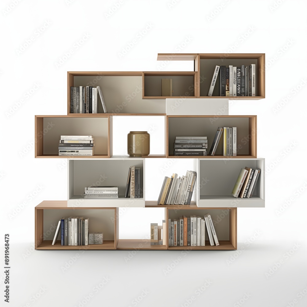 Aufkleber 29. **a modern bookshelf with a modular design and open shelves, placed on a white background.**