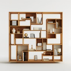 29. **A modern bookshelf with a modular design and open shelves, placed on a white background.**