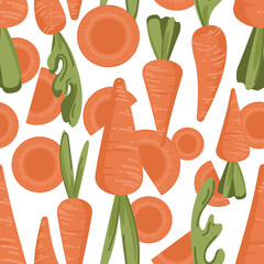 Vector seamless pattern of many large whole carrots, slices icons, big green leaves. Freshly picked vegetables. Cartoon plant print. Element for juice packaging design, smoothie, baby food, raw snacks