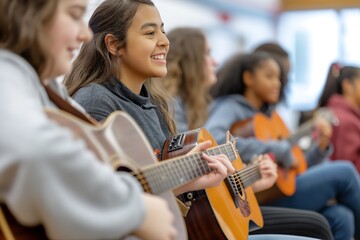 Smiling Students Playing Guitars in Music Class During School Activity