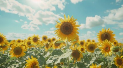 Fototapeta premium Sunflower field with tall flowers reaching towards the sky