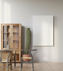 poster mockup in cozy home interior background, modern scandinavian style kitchen and dining room, 3d render