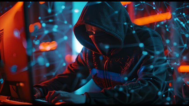 Criminals in black hood wearing mask using computer with network connection, hacking cyber data, concept of digital security for online data protection or cyber attacks. Footage.