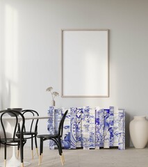 poster mockup in cozy home interior background, modern  etnic style kitchen and dining room, 3d render