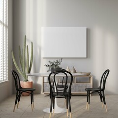 poster mockup in cozy home interior background, modern scandinavian style kitchen and dining room, 3d render