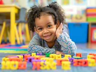 Happy African American Toddler Playing with Colorful Alphabet Toys in a Classroom