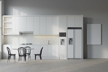 poster mockup in cozy home interior background, modern scandinavian style kitchen and dining room, 3d render