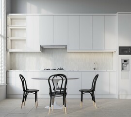 empty wall in cozy home interior background, modern scandinavian style kitchen and dining room, 3d render