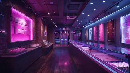 A sleek chocolate factory with interactive digital chocolate molds and neon-lit chocolate creations, crafting sweet treats 