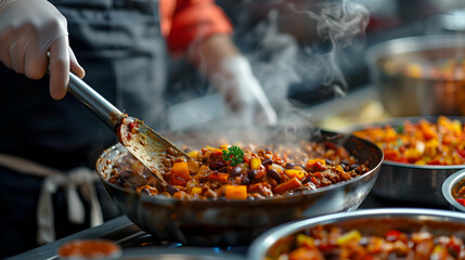 A chef stirring a hearty vegetable and bean stew in a steaming hot pan. The vibrant colors of the vegetables and beans are highlighted by the steam, showcasing a delicious and nutritious meal.