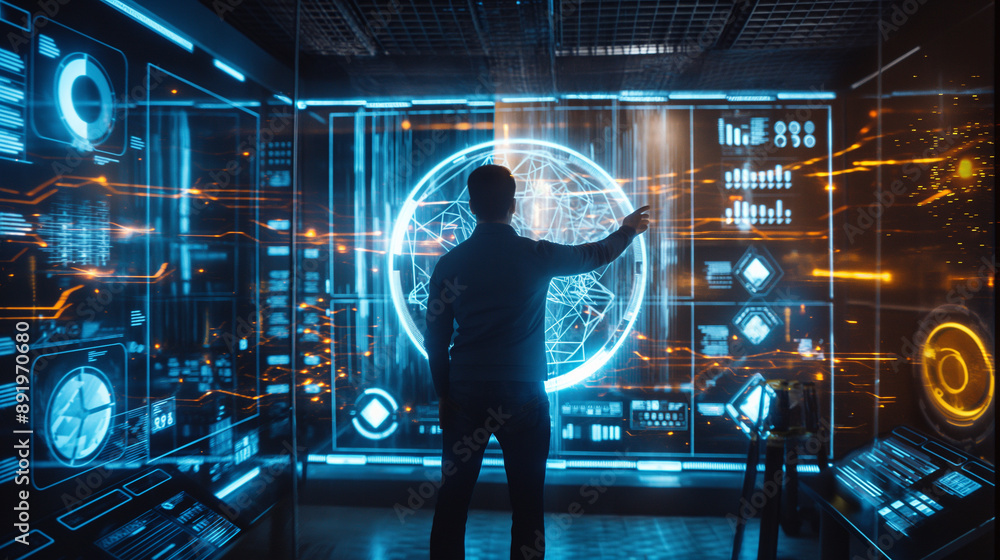 Poster a man in a futuristic technology room working with data analysis through augmented reality hologram 