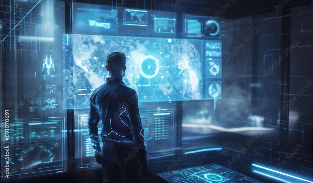 Poster a man in a futuristic technology room working with data analysis through augmented reality hologram 