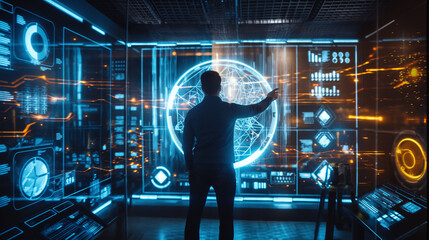 a man in a futuristic technology room working with data analysis through augmented reality hologram displays, person in data monitoring room 